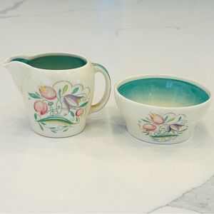Vtg 50s Susie Cooper Crown Works Dresen Spray Green Creamer & Sugar Bowl